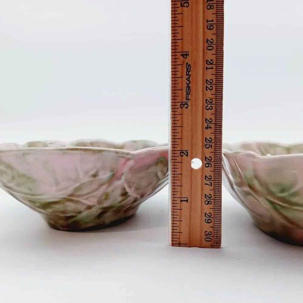Matching Pair Antique Weller Pottery Zona Leaf Bowls Pink Green Glaze 1920s...